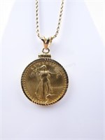 14K Mounted .25 Oz. Liberty Gold Coin on 14K Chain