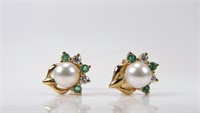 Pearl and Emerald Stud Earrings, 14K Yellow Gold
