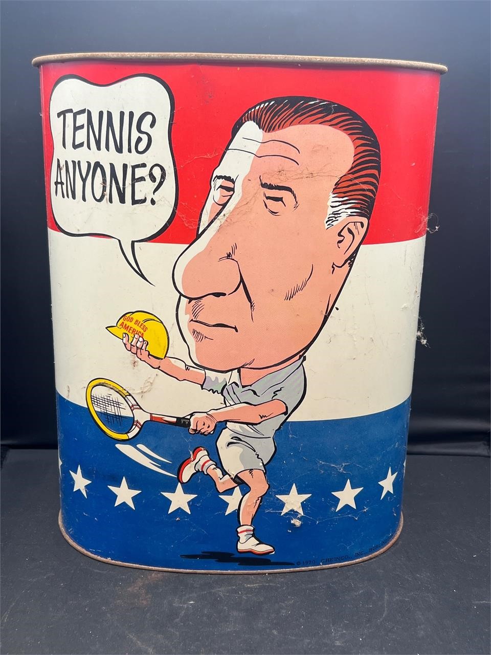 VINTAGE 1970 SPIRO AGNEW METAL TRASH GARBAGE CAN