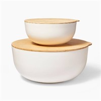 4pc Plastic Mixing Bowl Set Bamboo Lids Cream