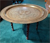 Brass Table with Twisted Carved Wooden Legs