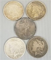 5 US silver coins - 1 Morgan silver dollar, 3