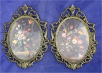 Pair Brass Frame Floral Prints (2pc)