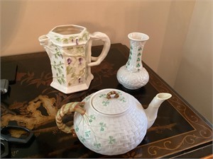 Belleek pitcher, vase and teapot