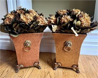 Pair of Lion Head Planters w Faux Florals