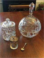 2 CRYSTAL AND ONE VINTAGE GLASS JAR WITH SPOON
