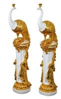 Golden Emerald Peacocks on Pedestal Set of 2