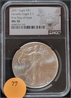 2021 HERALDIC SILVER EAGLE T-1 $1 - MS70