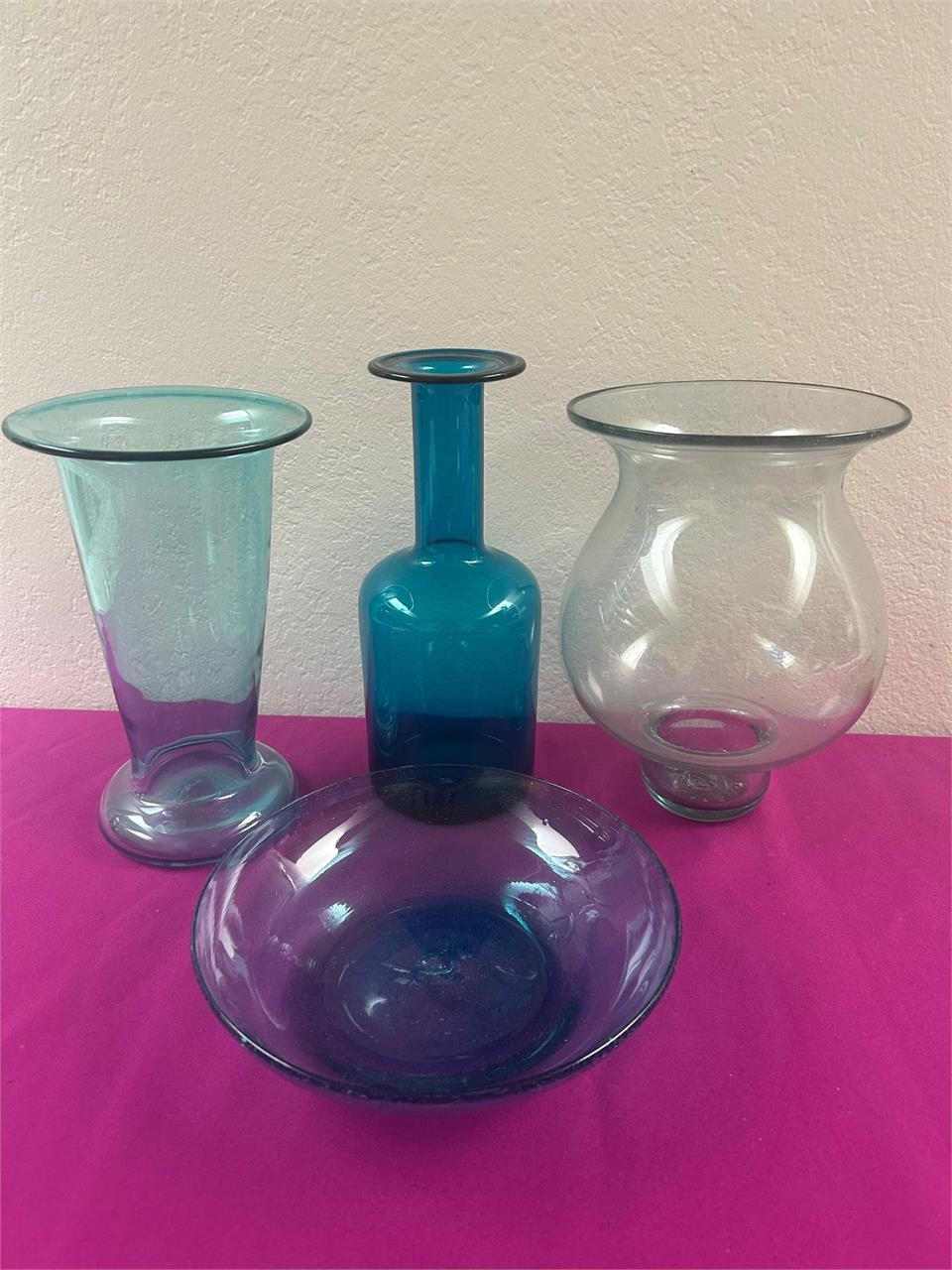 Blue Blown Glass Vases & Bowl, Unmarked