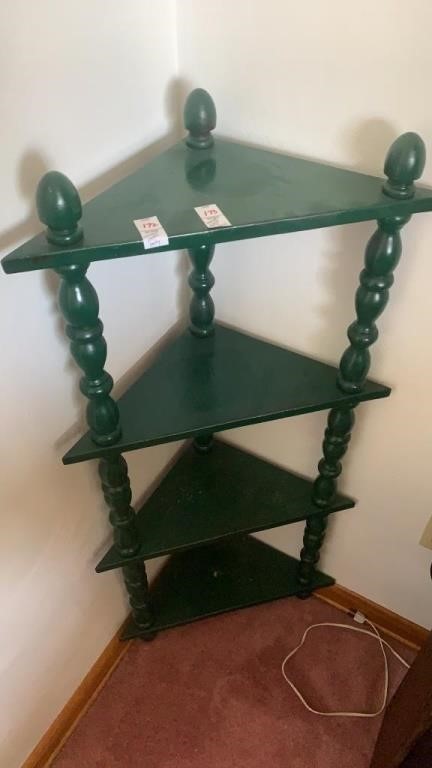 green corner spindle shelf with 4 levels. 42 x 20
