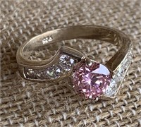 Sterling Silver Ring w/ Pink & White Stones Sz 6