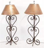 Tall pair wrought iron lamps w copper shades