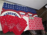 Vintage Oilcloth Table Covers, 9 Red Bandanas,