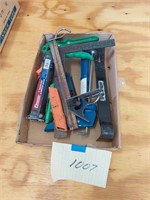 Assorted tools - pry bar, cutter, square,