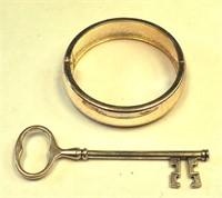Key Pendant & Silvertone Hinged Cuff Bracelet