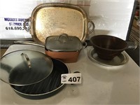 SERVINGTRAY, COPPER PANS, WOODEN BOWL