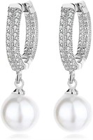 Round .20ct White Sapphire & Pearl Dangle Earrings