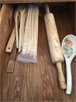Wooden spoons, skewers, rolling pin