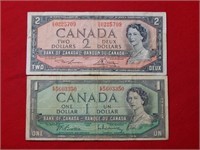1954 $1 & $2 Canada Bank Notes
