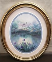 Pretty Print of Lakeside Cottage w/ Irises by