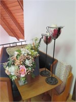 2 VASES WITH ARTIFICAIL FLOWERS AND TALL CANDLE