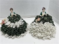 Pair of of Antique Pincushion Dolls in Green &