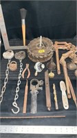 Saw blades, chain binders, vintage locks