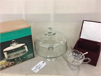 Footed cake plate and Crystal gravy boat