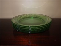Set Of 5 Green Swirl Rim Glass Plates