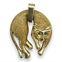 14K Gold Cat Pendant w/ Emerald Eyes