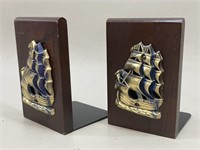 Brass 3 Masted Sail Ship Wooden Bookends