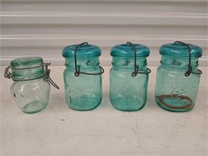 3 blue Ball Ideal jars, Vetreria Etrusca glass jar