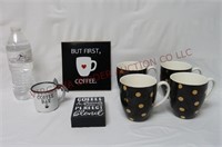 Coffee ~ Tile, Enamel Cup, Set of 4 Cups & Sign