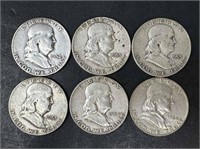 Six Franklin Half Dollars