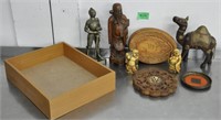 Wood box & figurines, etc.