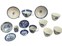 Blue & White Asian Cups, Saucers, Mini Bowls