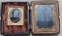 2 TINTYPE PICTURES WITH 1 IN CELLULOID CARVED CASE