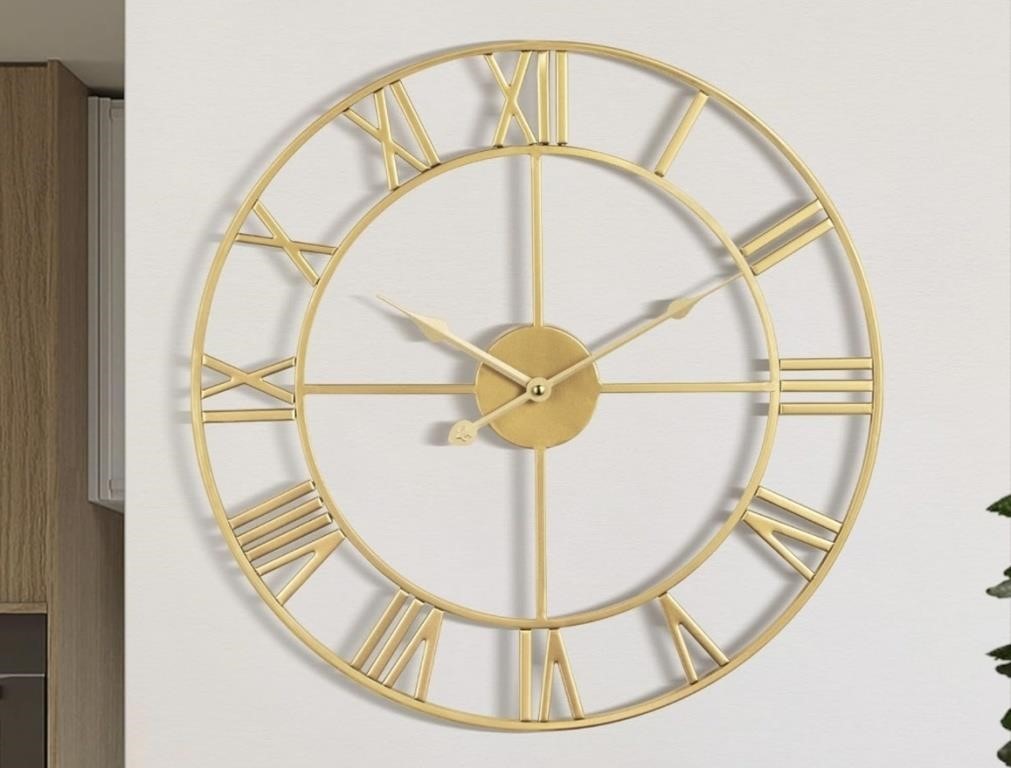 Large Gold Metal Roman Numeral Clock