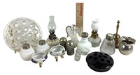Mini glass oil lamps, cast iron plated bell,