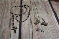 Rosary and 2 Pair of Earrings