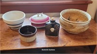 Box misc pottery incl Roseville, flask,