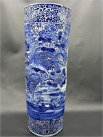 Vtg. Blue & White Asian Umbrella Stand w/ Peacocks