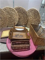 Rattan placemats . Wooden napkin holder bread