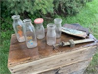 LOT OF 5 MILK/CREAM BOTTLES & 2 HANGING SCALES