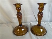 2 Amber Indiana Glass Tiara 8-1/2'' Candle Sticks