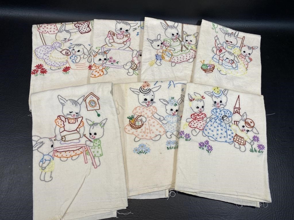 7 Embroidered Tea Towels Rabbit Family Sewing