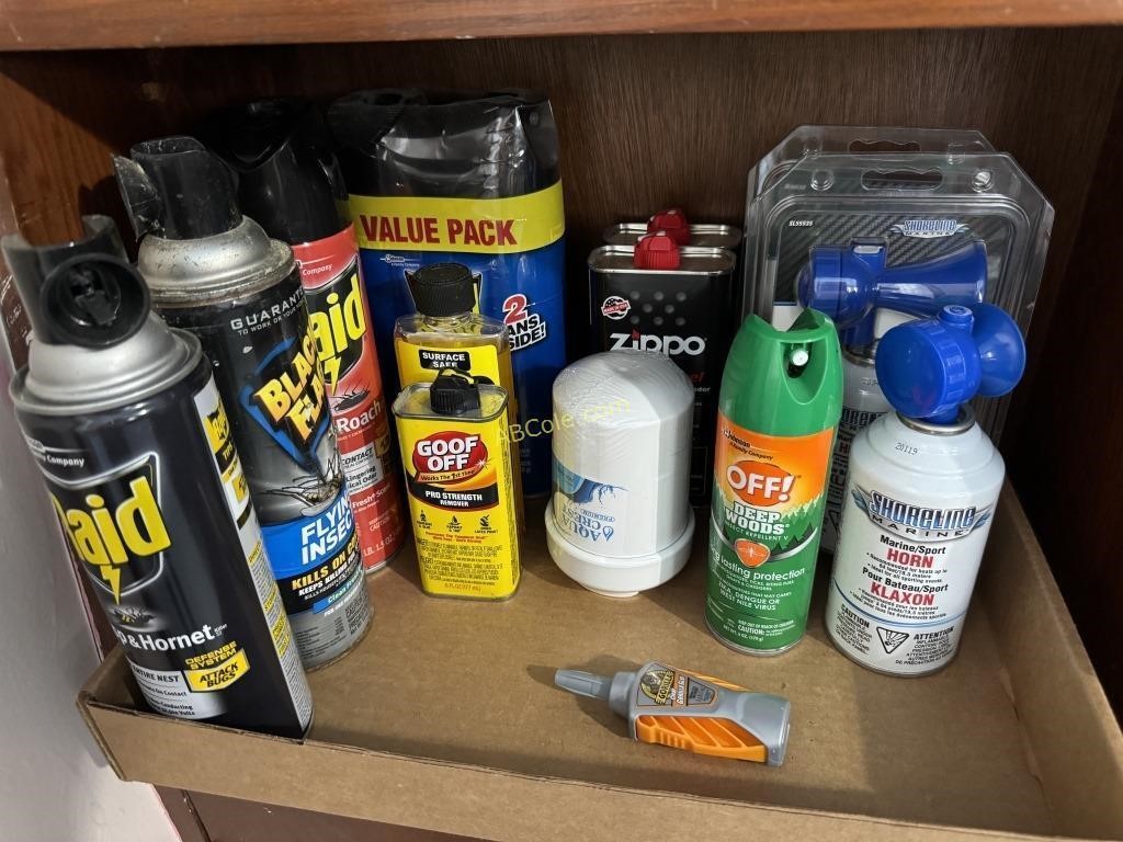 Box filled with Raid insect sprays, Marine air