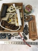 ELECTRICAL SUPPLIES, OLD THERMOMETER, CAMERA,,
