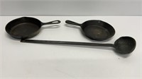(2) 5.5’’ cast iron skillets and cast iron ladle
