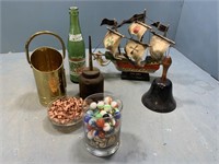 Marbles, oil can, ship, Bell, miscellaneous
